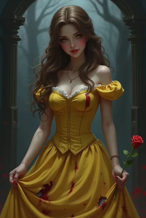 Beauty and the Beast，Princess Belle，Yandere，The skirt is torn，Tearing，looking down with a mischievous smile，Dark and spooky，yellow skirt，Brown hair，real，Holding a red rose in hand，Blood on the skirt