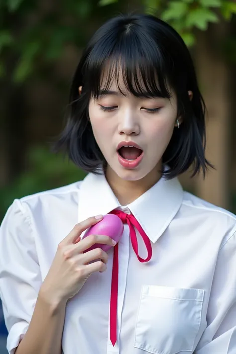 Highest quality,Japanese Idols, Short Bob Hair、bangs、Award-winning photo, Very detailed, Edge Orgasm, Face Focus, (Woman with open mouth and closed eyes ), Age 25、Black Hair、 News anchor、Glowing Skin,From below、Realistic nostrils、Browsing Caution,Shortcuts...