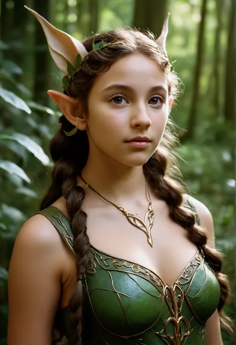 analog film photo, photo of a young elven girl, 18 years old, elf ears, amber eyes, curly brunette ponytail, tan complexion, Amazonian stature, voluptuous hourglass figure, busty bosom, narrow waist, full hips, big plump buttocks, wearing a leaf-covered mi...