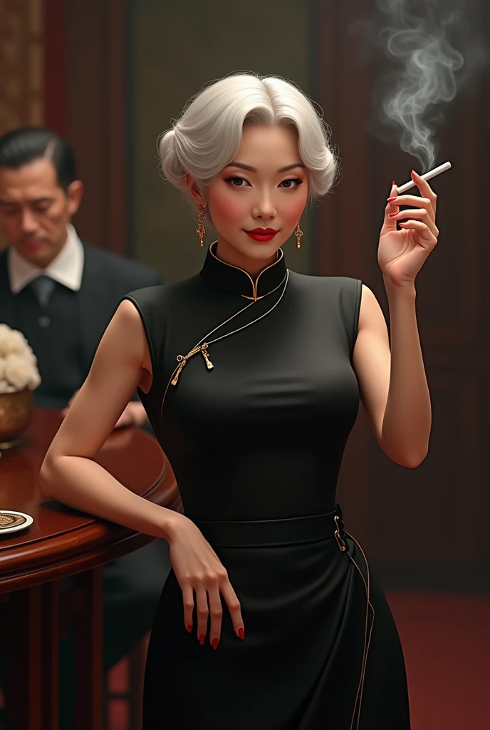 Big breasts，elderly，60 years old，Beautiful woman，Female Boss，smokes，Long cigarette sticks，Sexy，Black cheongsam，Sun Tzu is by my side，The servant is massaging my back.