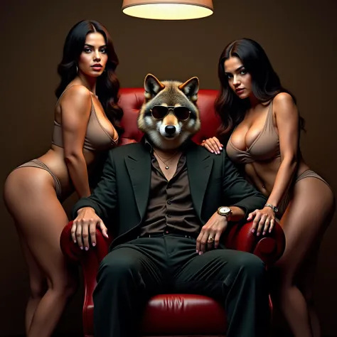 A wolf dressed as a gangster with dark aviator sunglasses and a gold watch, sitting in an armchair surrounded by beautiful, large-breasted, Latina women with big, round butts.