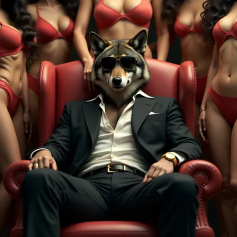 A wolf dressed as a gangster with dark aviator sunglasses and a gold watch, sitting in an armchair surrounded by beautiful, large-breasted, Latina women with big, round butts.