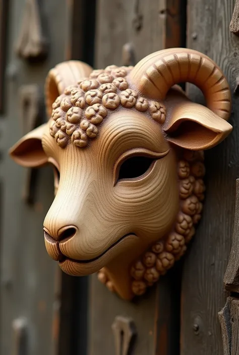 Wooden mask sculpted in the shape of a lamb, with details resembling the texture and features of a lamb, including small ears and horns. The mask should look handcrafted with a natural wood finish.