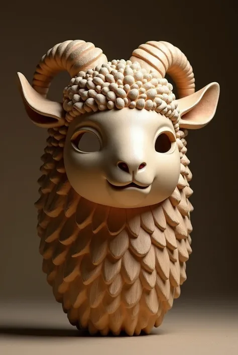 Wooden mask sculpted in the shape of a lamb, with details resembling the texture and features of a lamb, including small ears and horns. The mask should look handcrafted with a natural wood finish.