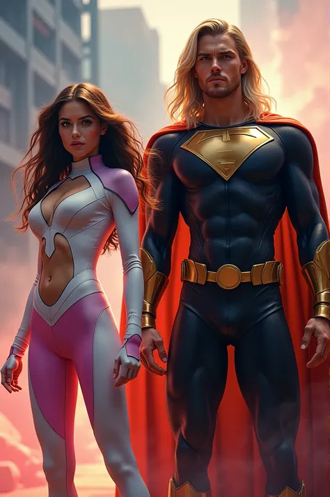 Make Lily Collins have circular, large, round eyes, brown hair color, wearing a white and pink superhero suit, and a tall, blonde, muscular man with long hair wearing a black superhero suit. , with a gold cape and a gold waist, 