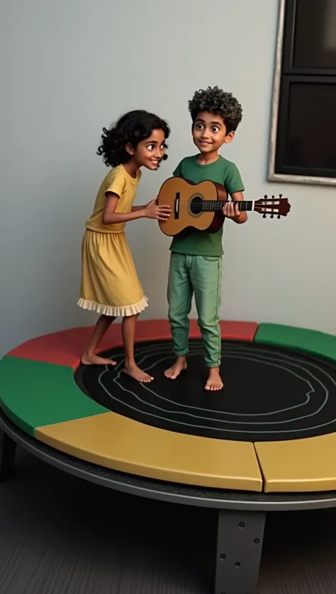 create a Pixar-style banner. A boy with Indian features, brown brunette with short hair, Castanhos escuros, Curly and slightly graying hair, but young, wearing a t-shirt, Wearing jeans and holding a 7-string classical guitar.