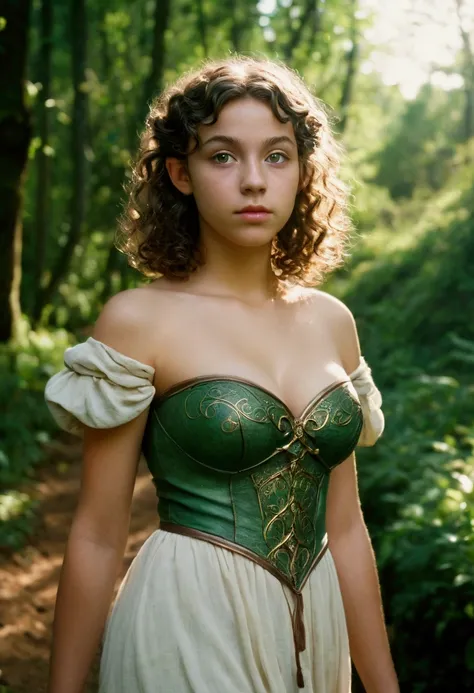 analog film photo, photo of a young elven girl, 18 years old, elf ears, amber eyes, curly brunette bob cut, tan complexion, Amazonian stature, voluptuous hourglass figure, busty bosom, narrow waist, full hips, big plump buttocks, wearing a strapless elven ...