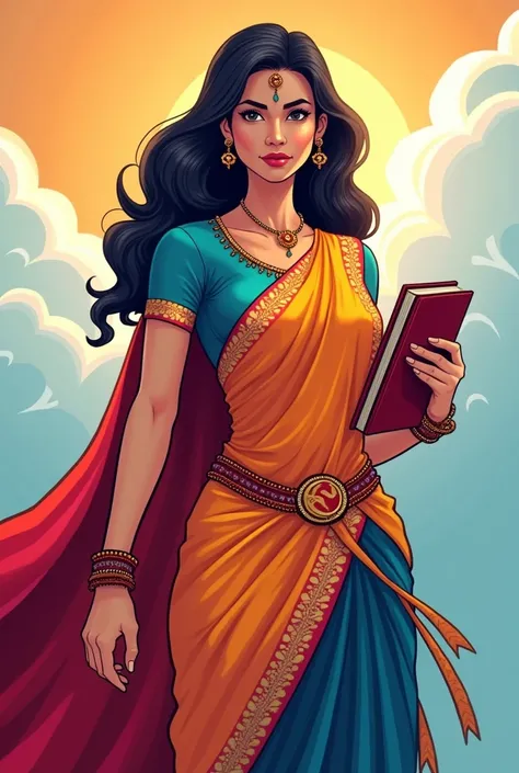 Design a strong female mascot in Indian attire embodying the essence of your college should have
1. Confident posture: Stand tall with a determined expression.
2. Traditional Indian attire: Consider a saree 
3. Symbol of strength: Include elements like a c...