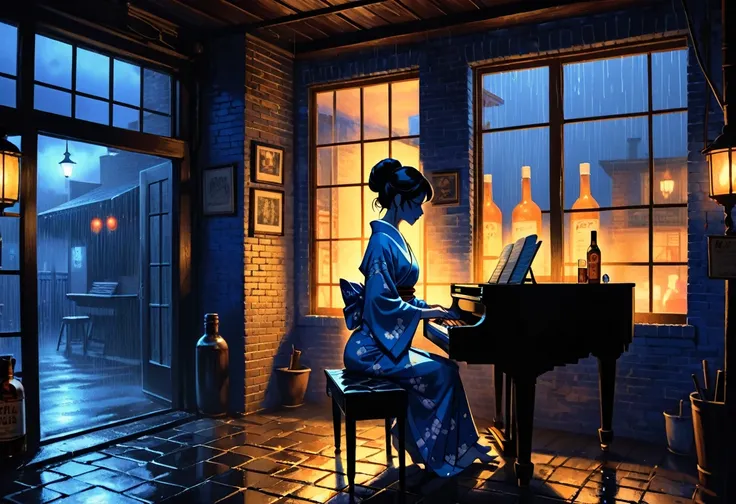 America　Silhouette of a woman in a kimono playing piano in a ビンテージ jazz bar in New Orleans rain outside rain see the rain from window　Painting on a brick wall　The wall is lit by blue gas lamps..　Vintage dimly lit jazz bar　Shadow play　Whiskey bottles