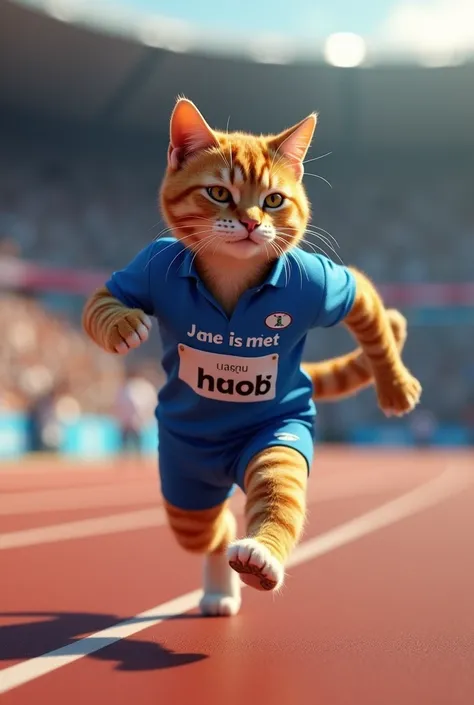 Create me an anthropomorphic cat shorts, running Olympic games, around spectators, 8k, high resolution, blue zero sleeve polo with text "I am the best" in Spanish. The cat is well detailed, cinematic, well-groomed hair, ultra-realistic.