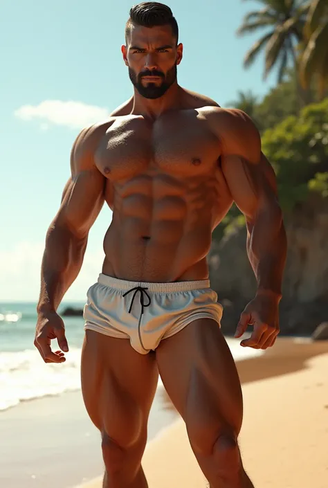 A muscular guy in swim trunks with a big penis.