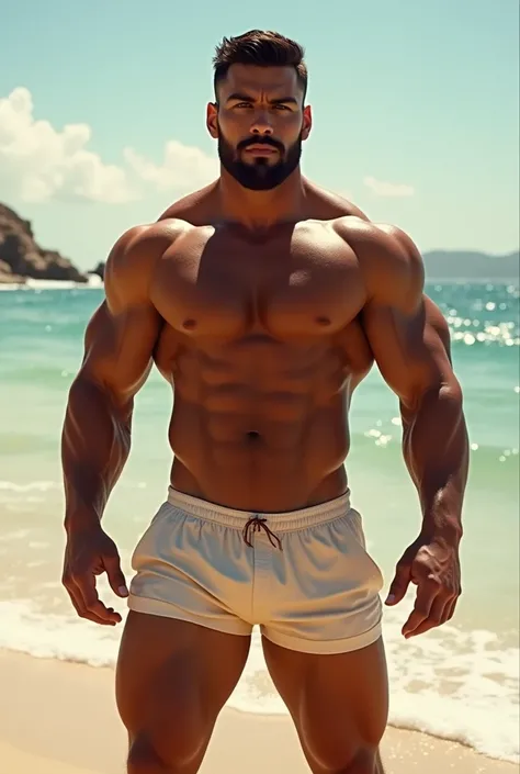 A muscular guy in swim trunks with a big penis.