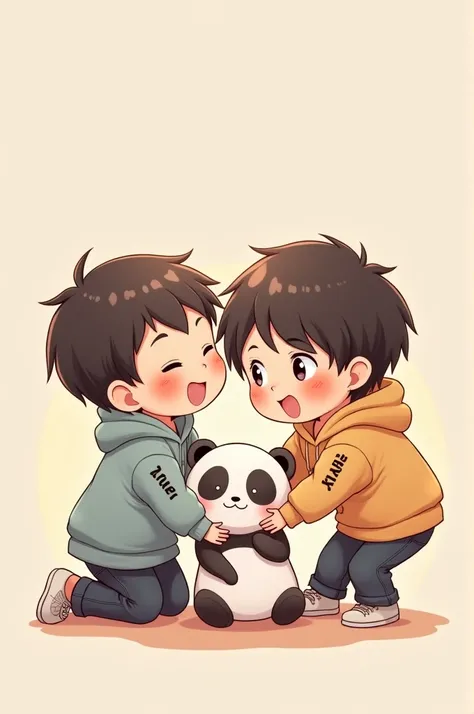 2 boys 1 girl anime cute kawaii small cute babies playing together wearing white panda hoodie, two boys hoddie have mithlesh and bamby written on that and girl hoddie have Khushi written 