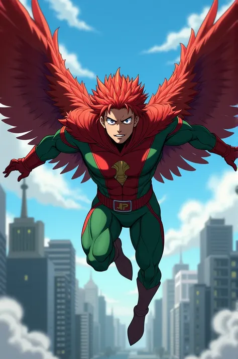 Superhero with the powers of Hawks from My Hero Academia and whose superhero suit is red with green