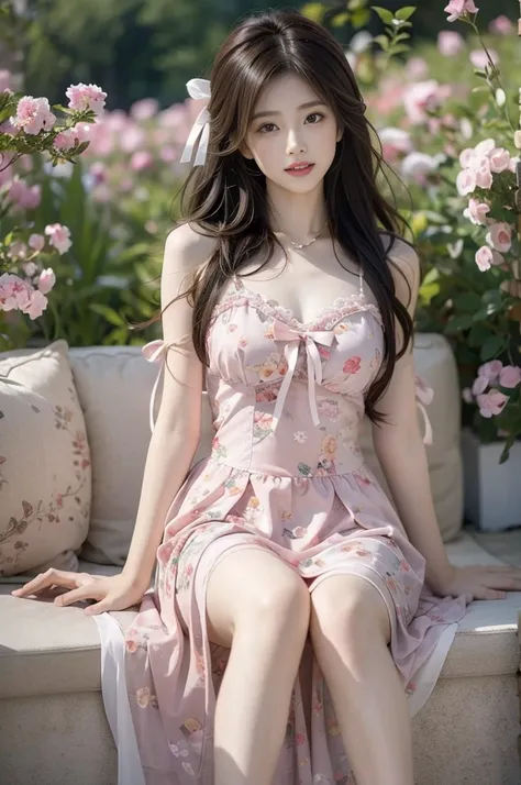 lolita1,dress,flower (best quality, masterpiece:1.2), tianfeng1, Extremely detailed, (Practical:1.37), beautiful, youth, Charming female model, sweet smile, Sweetheart girl, Warm colors, ((Full body view，Skin is firm and smooth)), ((Random scenes，Random sh...