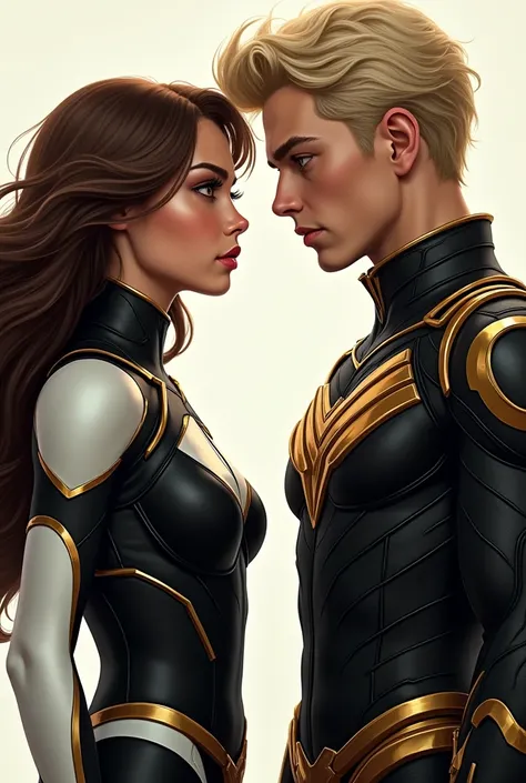 Give Lily Collins circular, large, round eyes, brown hair, a black and white superhero costume.  Give the young man, tall, blond with medium length hair, a black and gold superhero costume. , with a layer of gold 