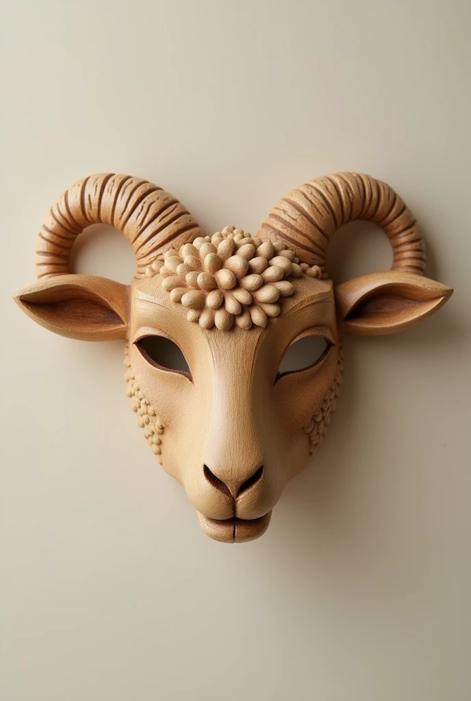 "Front view of a wooden mask sculpted in the shape of a lamb, with details like small ears and horns, and a handcrafted finish that highlights the natural wood texture."