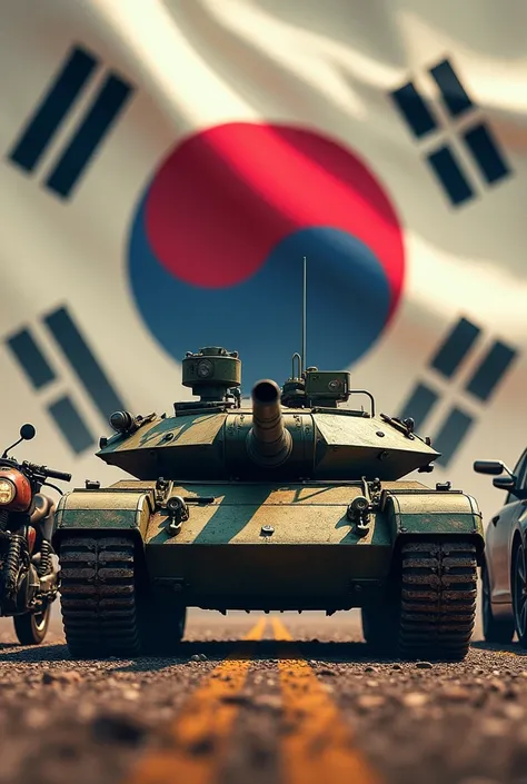 A Leopard 2 tank with a Colombian flag, next to it a post-apocalyptic motorcycle and on the other side a car with a V6 engine sticking out of the hood, all of them with a South Korean flag behind, Position the vehicles facing forward