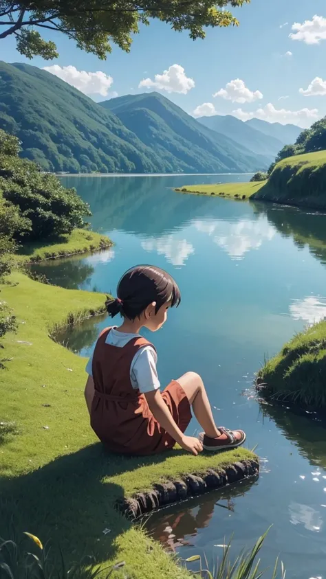 A child sitting at the edge of a lake with leftovers!!!!  Ghibli style