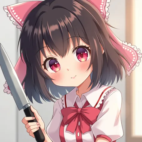 An anime-style Japanese girl with heart-shaped eyes holding a kitchen knife.