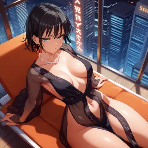 (SAFE FOR WORK), 1 female, Yusuke Murata style, Fubuki from One Punch Man, anime-style face, sexy face, high angle, aerial view, laying down, longer face, short black hair, fully lidded eyes, green eyes, puckered lips, no lipstick, slim/toned body, extreme...