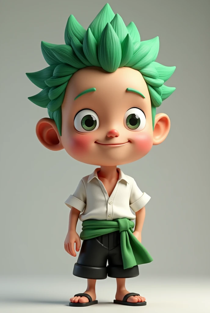 3D Cartoon Caricature with super big head of a young Indonesian man, man with green hair, wearing one peace character zoro clothes, solid gray background, smooth texture, soft lighting