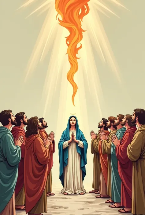 I would like a vertical drawing style image of Our Lady in the midst of the apostles praying at Pentecost while fire falls upon them.