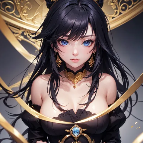 (Full Body),Blue Eyes,A woman with black hair wearing a golden dress, Portrait of a girl in the Knights of the Zodiac, Ayaka Genshin Impact, Close-up of a woman with black hair wearing a golden dress, portrait knight woman, Ayaka Games Genshin Impact, Amaz...