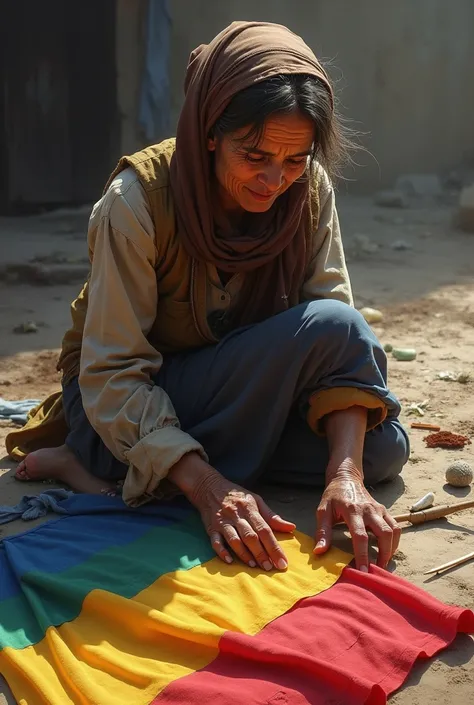 A poor woman making the tricolor on the ground