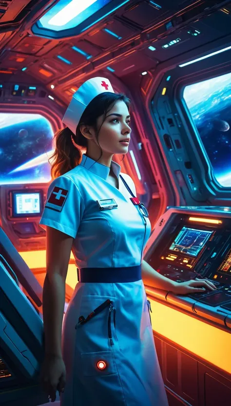 a young woman nurse on a hi-tech space ship, accident on the space ship, wounded people, helping them, digital painting, sci-fi, cinematic lighting, vibrant colors, intricate details, dynamic composition, dramatic atmosphere, photorealistic, 8k, best quali...