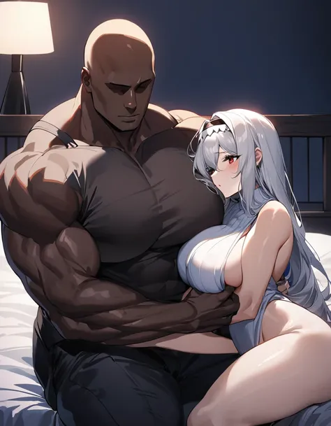 2women hugging 1man, Specter(Arknights) and Skadi(Arknights),white hair,slim body, big breast,big thighs, wearing nun outfits, hugging their husband (black man,muscular body, faceless, wearing casual clothes,bald),nsfw, midnight setting,on a bed.