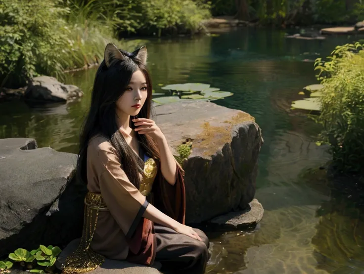 photo of a girl in a costume sitting on the rock behind the pond, mystery landscape, a beautiful fox lady, by Yang J, beautiful young catgirl, attractive Fox girl, very beautiful cute foxgirl, fantasy art style, artwork in the style of guweiz, by Fan Qi, a...