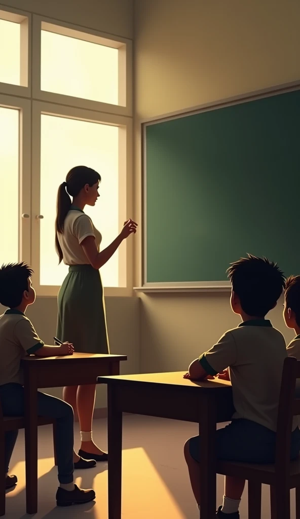 1990s elementary school classroom scene，A silhouette of a teacher,she is lecturing to the children on the blackboard。you can also see the figures of children listening attentively。In the background is a bright classroom,desks and chairs are basic