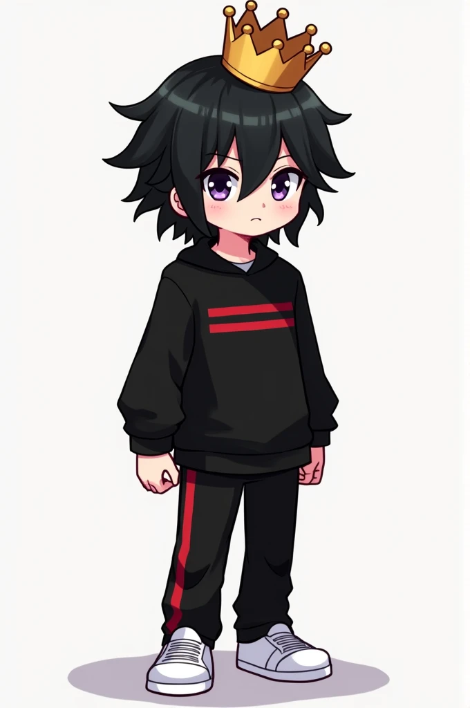 a character that has black hair with a crown a black sweatshirt with red stripes teenager black pants white shoes Minecraft