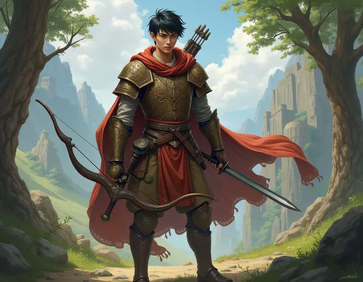 16 year old asian male paladin, of an RPG with leather armor a light shield, short sword, long sword and a short bow