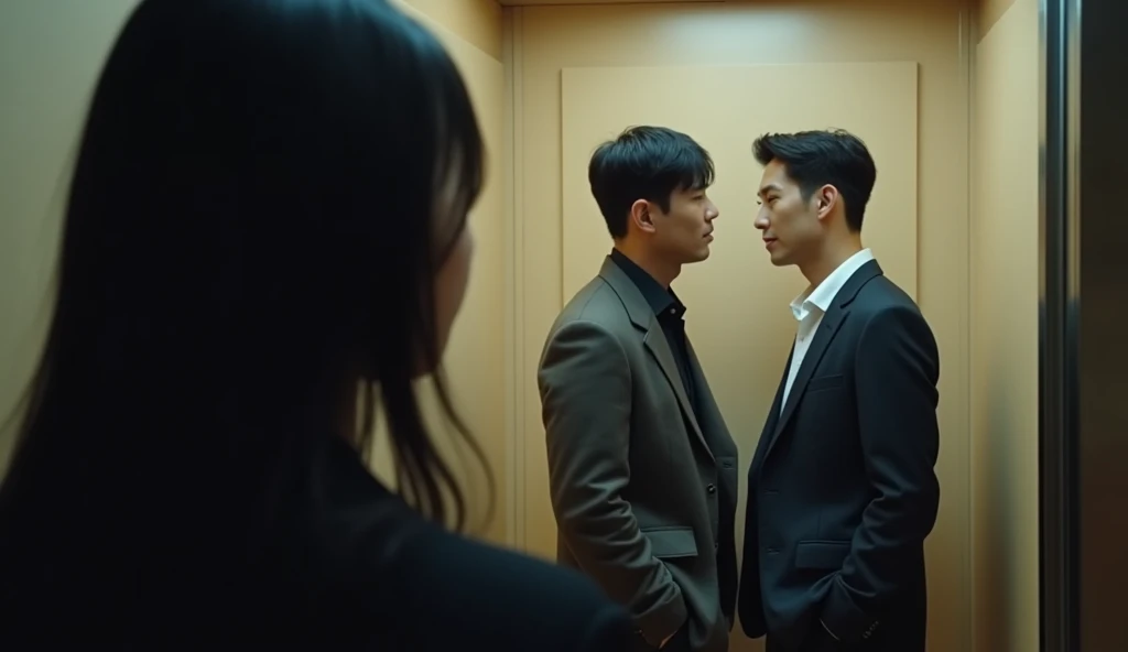 behind the shoulder of a black-haired woman, two Korean men are seen talking to each other, in the elevator, daylight, cinematic style, real photo,