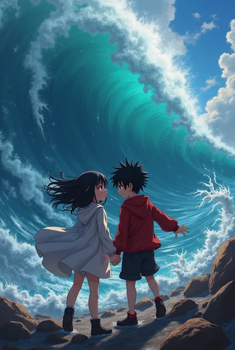 Anime boy and girl, black red mixing hairs red eyes, massive sea in background, age 20