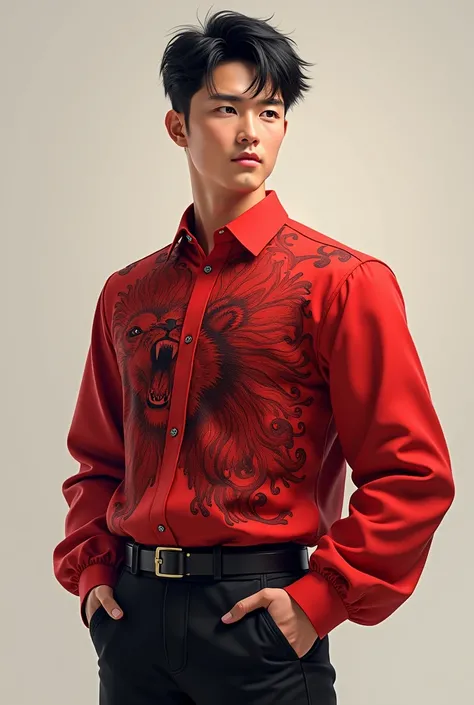 A young man, 21 years old, with short black hair, wearing a red long-sleeved shirt with a lion pattern, black pants, long pants, and black shoes. 