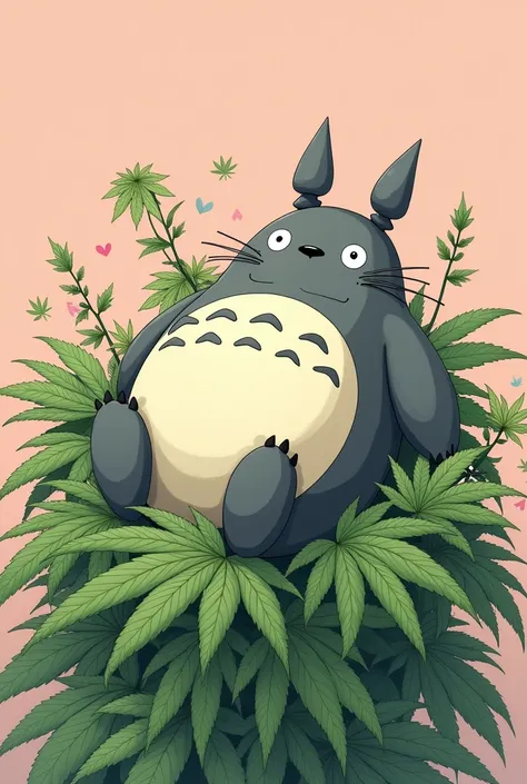 Totoro on top of a marijuana plant smoking with pink and feminine details around 