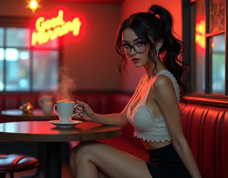 A cinematic masterpiece unfolds: a beautiful caucasian woman (26 years old:1.3),perfect sweet face and expressive eyes, tanned and radiant,(blue_eyes:0.6), and vibrant red streaks in her dark black messy wavy hair, glasses, ponytail, instagram photo, close...