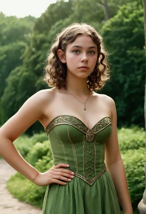 analog film photo, photo of a young elven girl, 18 years old, elf ears, peridot eyes, curly brunette bob cut, tan complexion, Amazonian stature, voluptuous hourglass figure, busty bosom, narrow waist, full hips, big plump buttocks, wearing a strapless sun ...