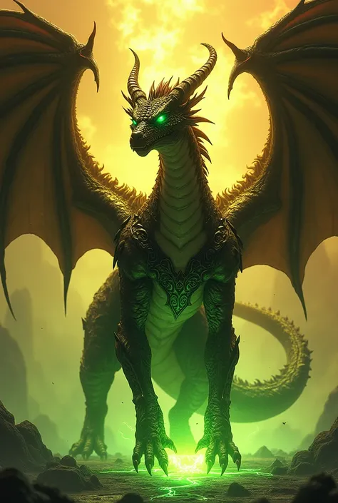  dragon with black demon wings with yellow aura armor with red aura on the ground and green eyes with fire 