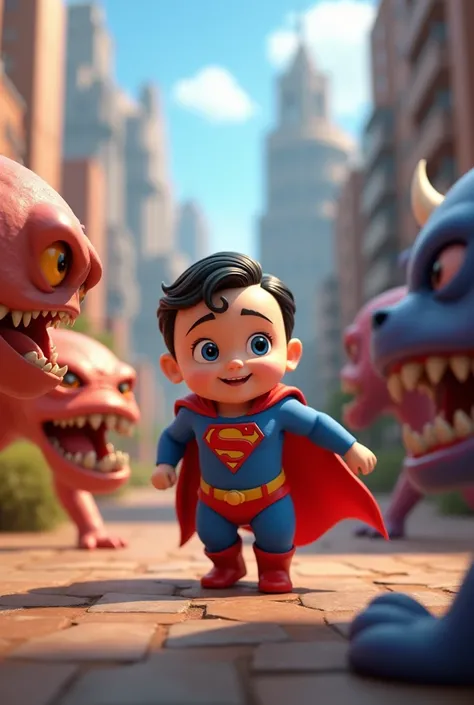 can you generate a 3D animated image of Baby Superman fighting with monsters a tiny costume and an engaging background.