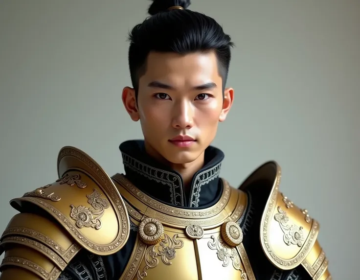 A young handsome asian man in a cool armor full armor of gold and platinum, full body