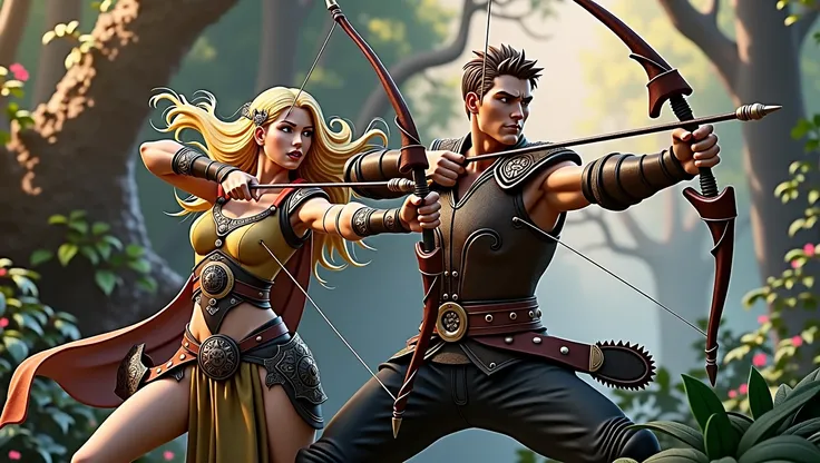 A dynamically heroic pair of archers, one clad in leather armor with a bow drawn, the other a princess with a determined expression, stand in an action pose. This 3D image captures them in a moment of intense focus and skill. Their attire is detailed with ...