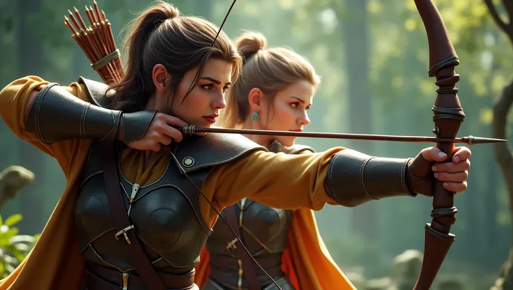 A dynamically heroic pair of archers, one clad in leather armor with a bow drawn, the other a princess with a determined expression, stand in an action pose. This 3D image captures them in a moment of intense focus and skill. Their attire is detailed with ...