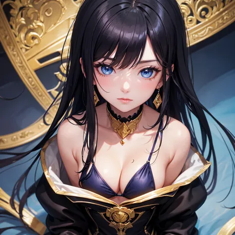 (Full Body),One woman,Blue Eyes,Black Hair,A woman wearing a blue bikini., Portrait of a girl in the Knights of the Zodiac, Ayaka Genshin Impact, Close-up of a woman with black hair wearing a golden dress, portrait knight woman, Ayaka Game ,shy