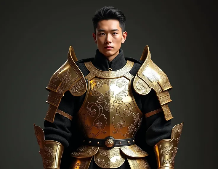 A young handsome asian man in a cool armor full armor of gold and platinum, standing, full body shot