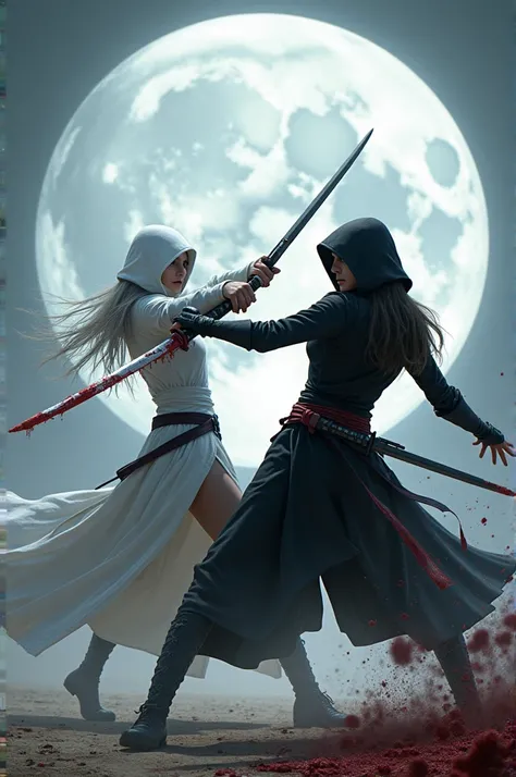 Two lady assassins fighting each other, the left one is in the white costume and the right one is in the black costume. Both are fighting with swords covered in blood and we can see full noticeable moon in the picture 