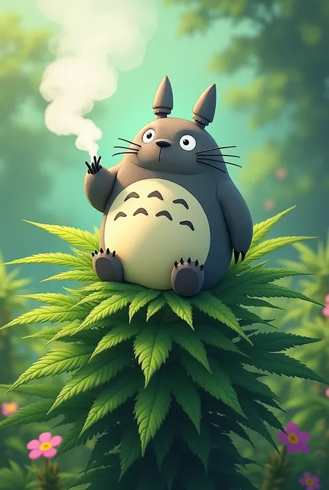 Totoro smoking on top of a marijuana plant with pink and feminine details around it 